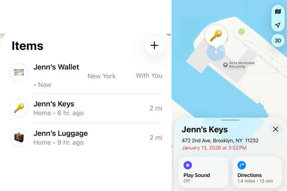 Two screenshots from the AirTag app: the first of a list of items and their distance from the user, the second of a map showing where Jenn's Keys are located.