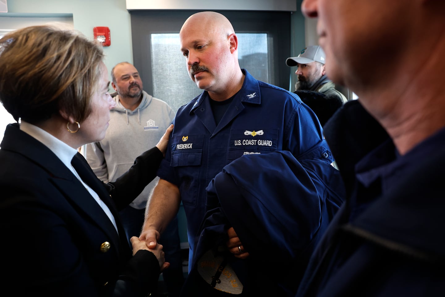 Governor Maura Healey spoke Saturday in Gloucester with US Coast Guard Captain Jamie Frederick.