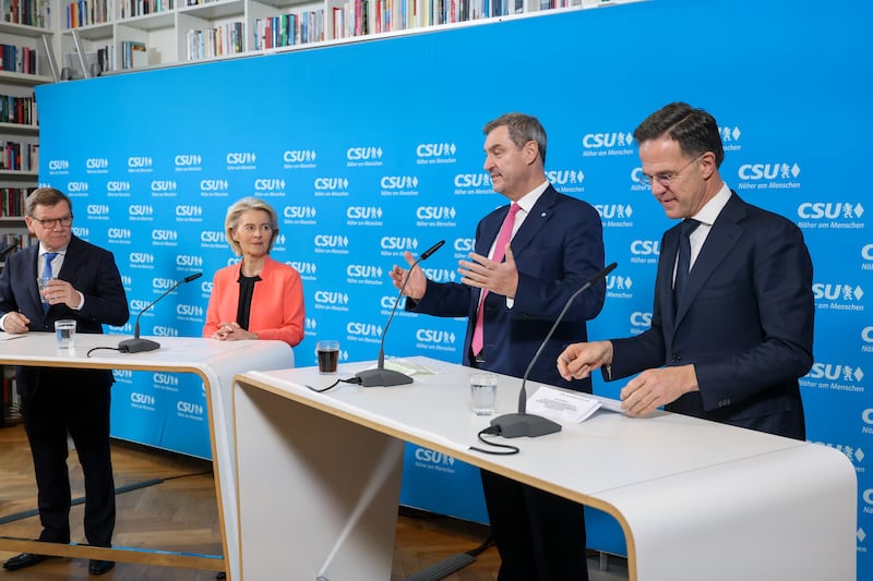 Johann Wadephul, Germany's foreign minister, Ursula von der Leyen, president of the European Commission, Markus Soeder, leader of the Christian Social Union and Mark Rutte, secretary general of  Nato at the Munich Security Conference. Photograph: Alex Kraus/Bloomberg