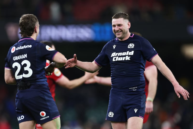 Scotland's Finn Russell and Darcy Graham at Principality Stadium in Cardiff after their win over Wales. Photograph: Dan Istitene/Getty