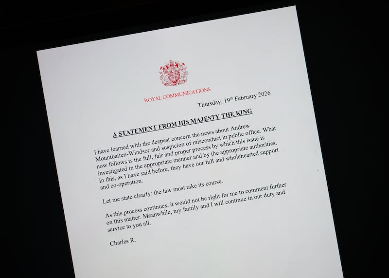 A statement from king Charles following the arrest of his brother, Andrew Mountbatten-Windsor. Photograph: Gareth Cattermole/Getty Images