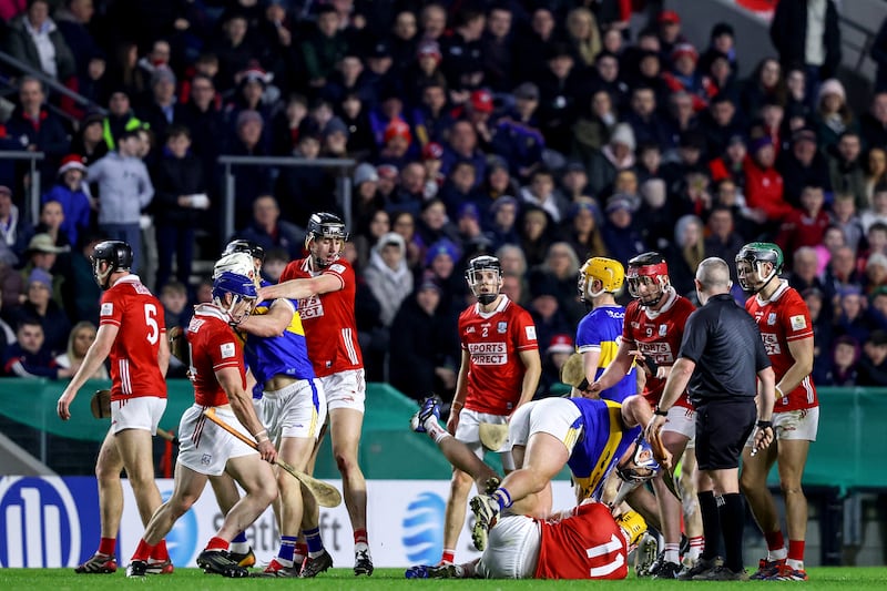 Shane Barrett and Jason Forde were sent off after a large scuffle between Cork and Tipperary last night in their Division 1A clash. Photograph: Ben Brady/Inpho