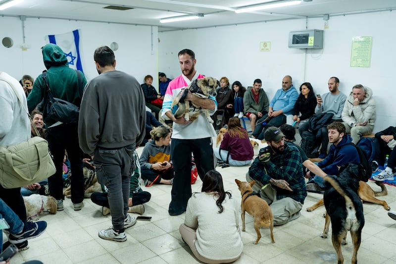 People along with their dogs take shelter amid reports of incoming missiles on Saturday in Tel Aviv, Israel. Photograph: Erik Marmor/Getty Images