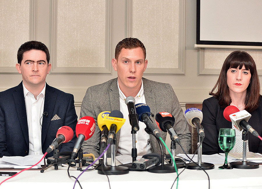 John McAreavey (centre), his sister Claire and Mark Harte, brother of murdered honeymooner Michaela McAreavey, during a press conference. Pic: PA Wire