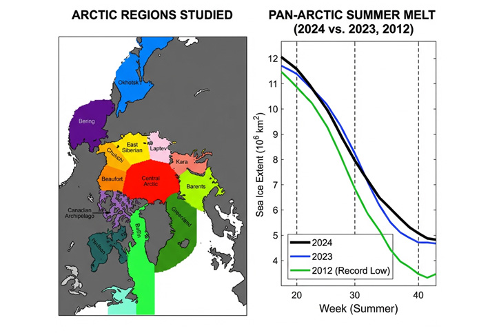 Regional subdivisions (left) and seasonal decline of total Arctic sea ice extent during summer melt (right), highlighting 2024, 2023, and the record low of 2012. Credit: Kondrashov et al.