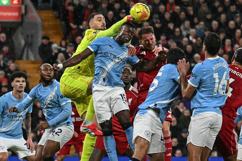 Manchester City goalkeeper Gianluigi Donnarumma clears the ball. Photograph: Paul Ellis/AFP via Getty Images