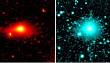 Two images side by side, the one on the left shows a large glowing ball of light in red near a bunch of glowing red dots, with the image on the left being the same image but in blue