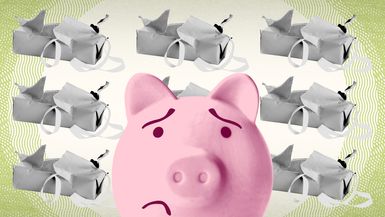 Pink piggy bank with a worried expression centered among repeating gray gift boxes on a patterned green and beige background.