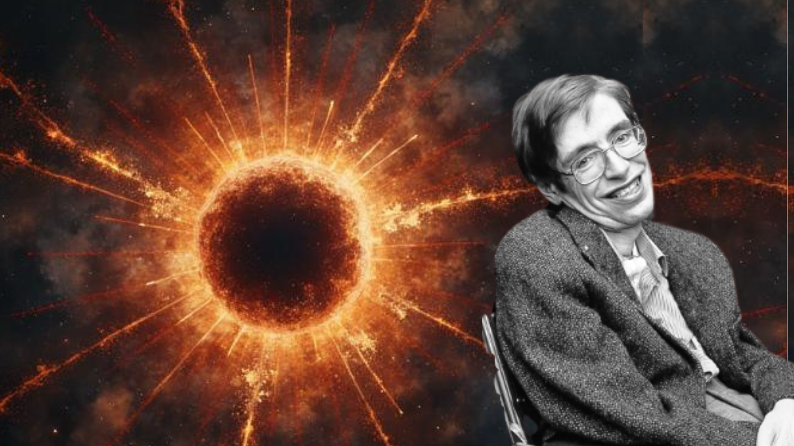 An illustration of an exploding primordial black hole and the theorist who first proposed them, Stephen Hawking