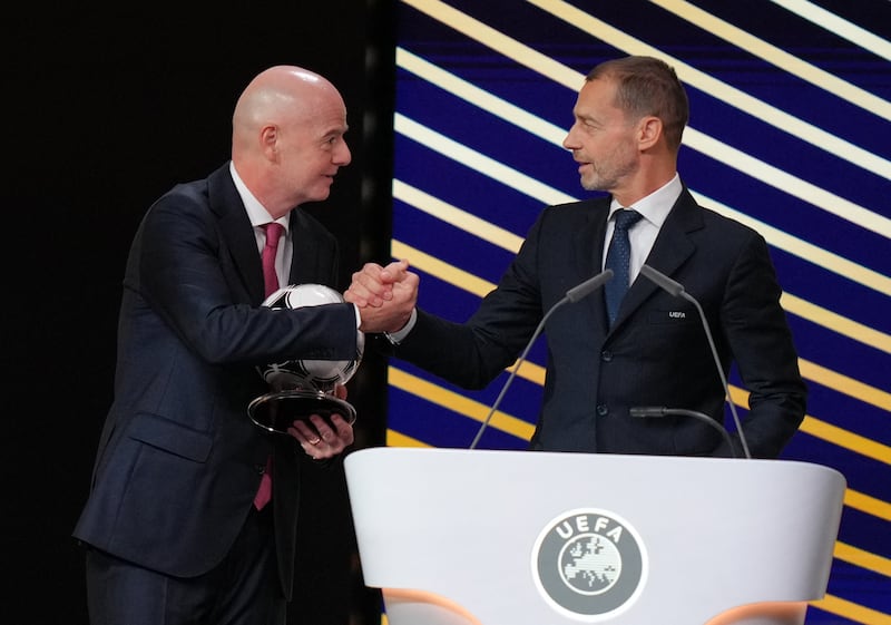 FIFA President Gianni Infantino (left) and UEFA president Aleksander Ceferin (right) at the UEFA Ordinary Congress in Brussels. Photograph: Pau Barrena/AFP via Getty Images.