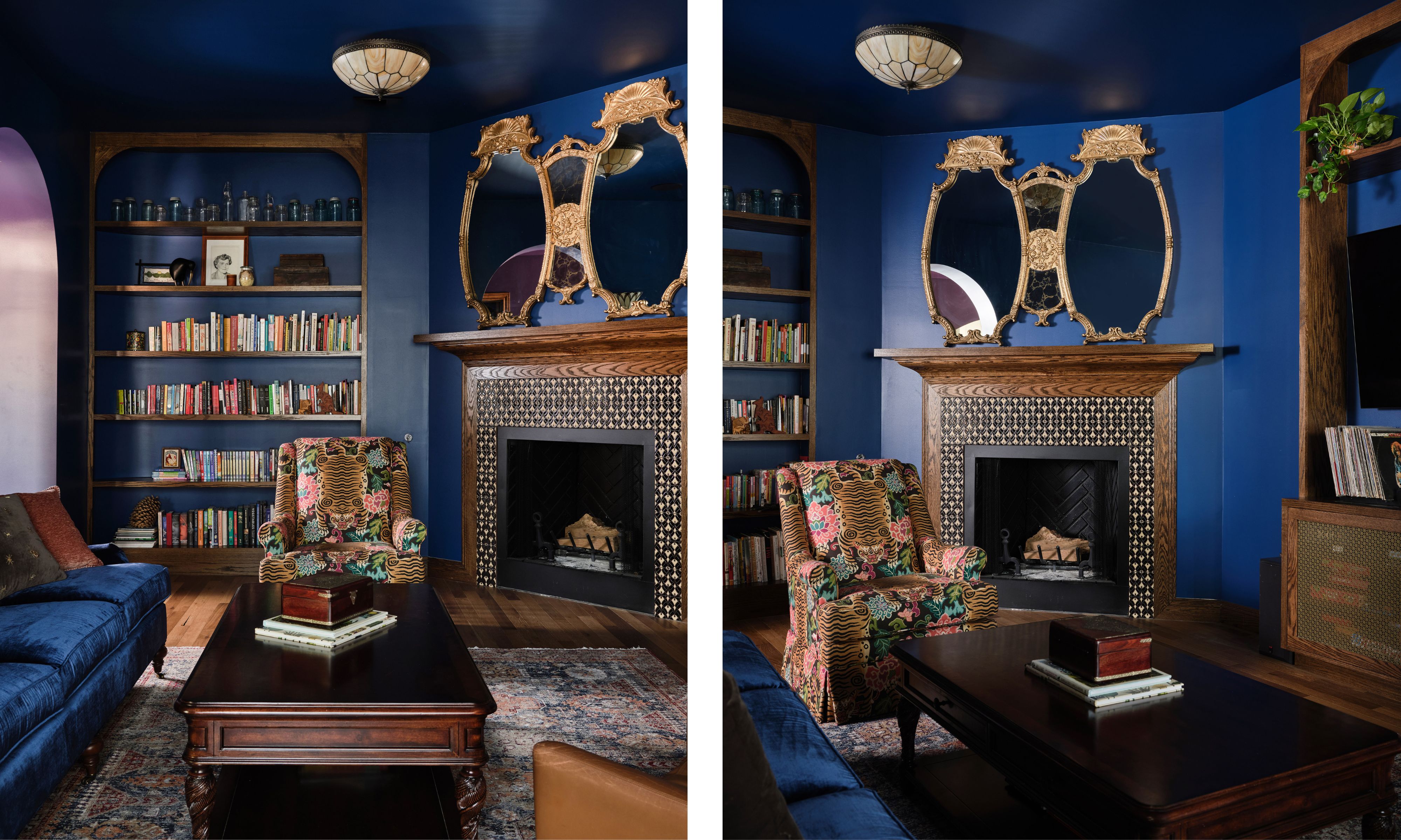 two shots next to each other of the same blue living room from different angles, on the left you can see a dark blue sofa and bookcase, on the right you can see another bookcase and fireplace