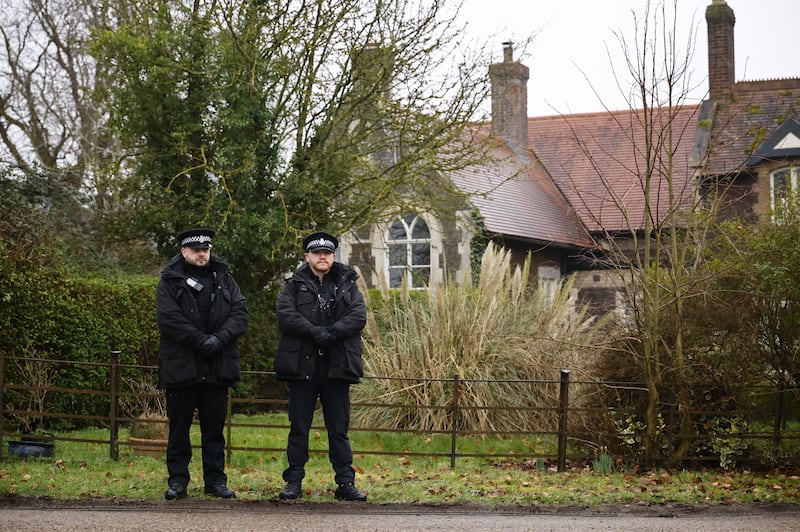 Police officers outside Wood Farm where Andrew Mountbatten-Windsor was arrested in Sandringham, Norfolk, on Thursday. Photograph: Tolga Akmen/EPA