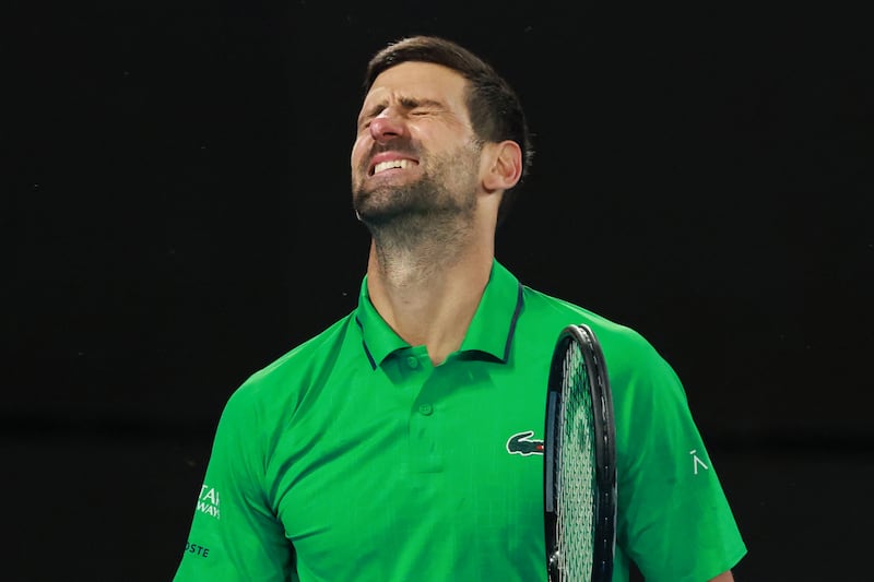 Serbia's Novak Djokovic reacts after a point against Spain's Carlos Alcaraz. Photograph: David Gray/Getty
