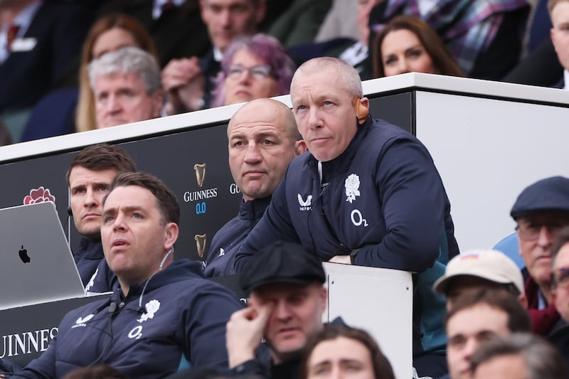 England head coach Steve Borthwick and Phil Morrow look on during the Six Nations 2026 match against Ireland. Photograph: David Rogers/Getty Images