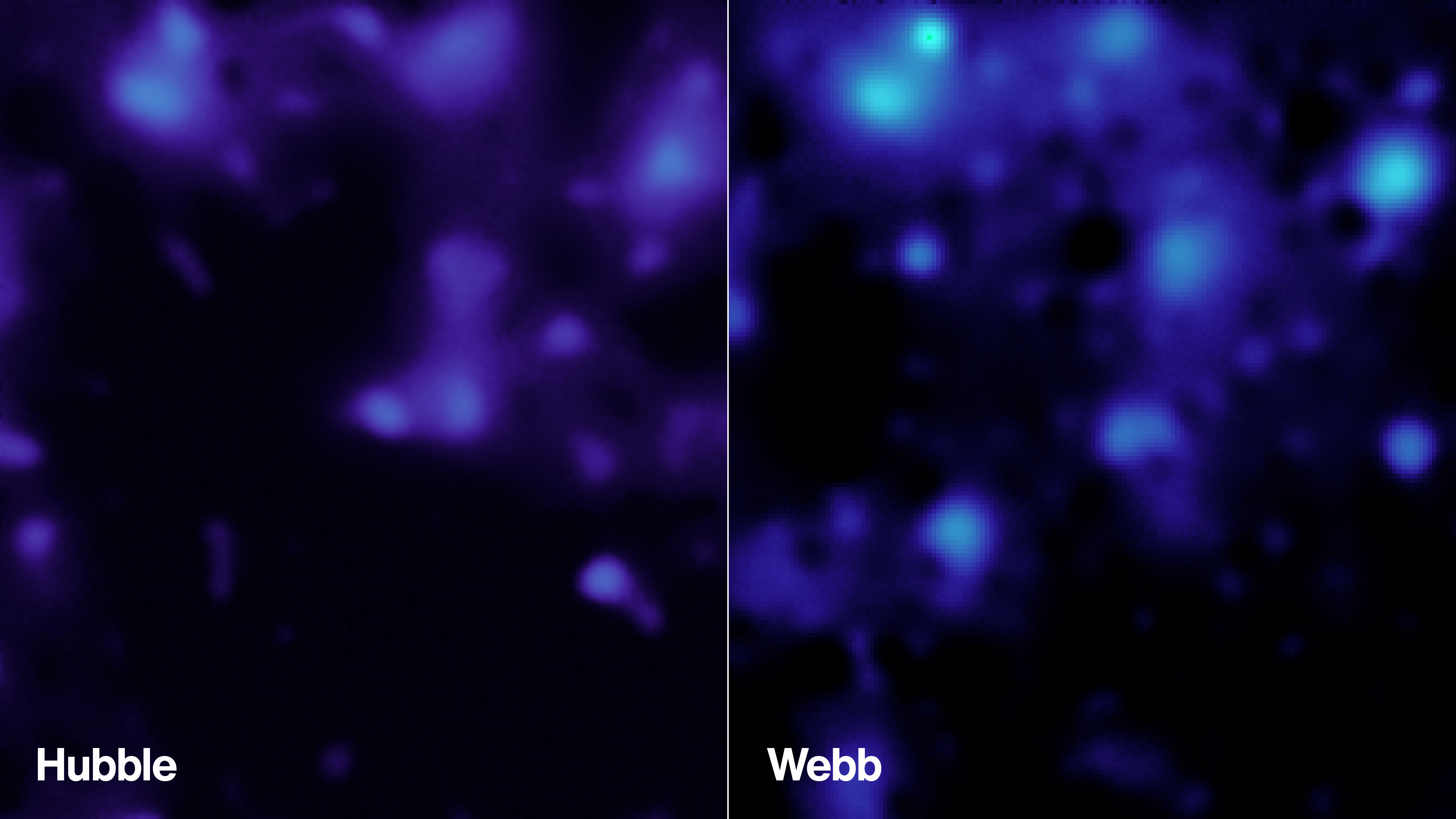 Two dark matter maps, showing blue blobs on black backgrounds. The JWST blobs are slightly clearer than the Hubble blobs.