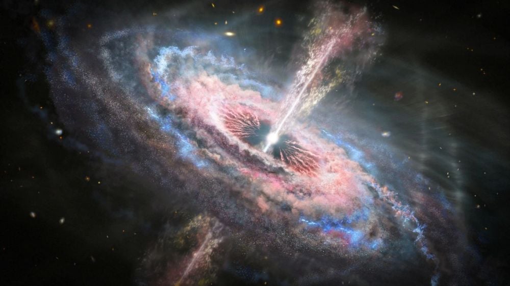This artist's illustration shows a swirling accretion disk around a brilliant quasar. Quasars, which are extremely luminous supermassive black holes, warm up the gas in their galaxy, which suppresses star formation. But new research says that luminous quasars can even suppress star formation in neighbouring galaxies. Image Credit: NASA, ESA, Joseph Olmsted (STScI)