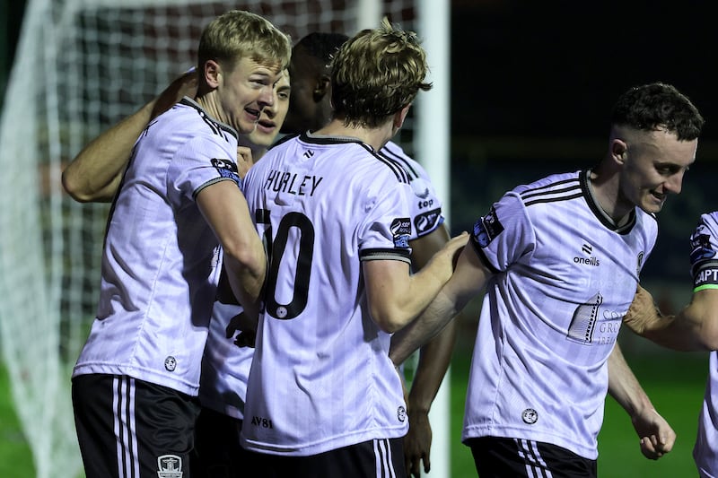 Galway United's Kris Twardek celebrates scoring a goal with David Hurley. Photograph:  Inpho/Laszlo Geczo