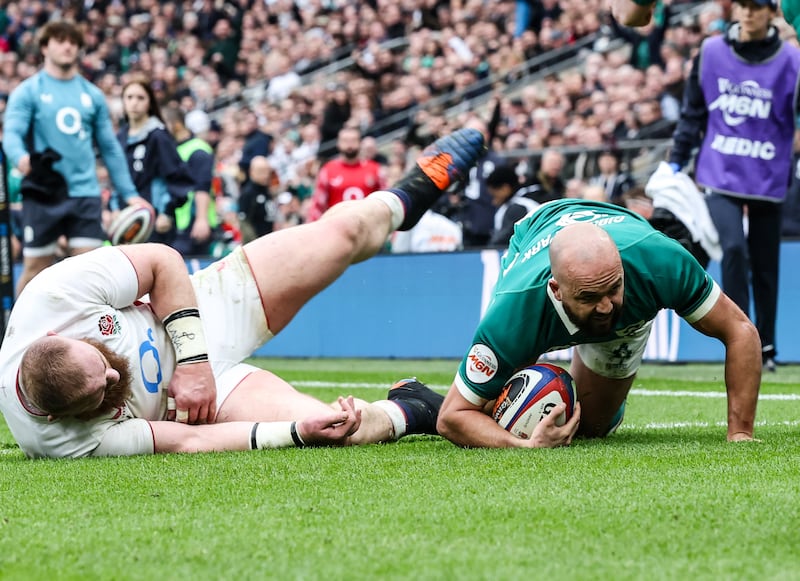 Jamison Gibson-Park scores a try against England. Photograph: Billy Stickland/Inpho