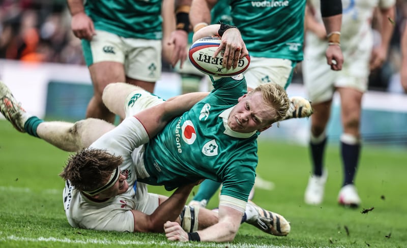 Ireland's Jamie Osborne scores a try against England in Twickenham on Saturday. Photograph: Inpho