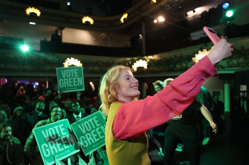 Green Party winning candidate Hannah Spencer  celebrates with supporters. Photograph: Adam Vaughan/EPA
