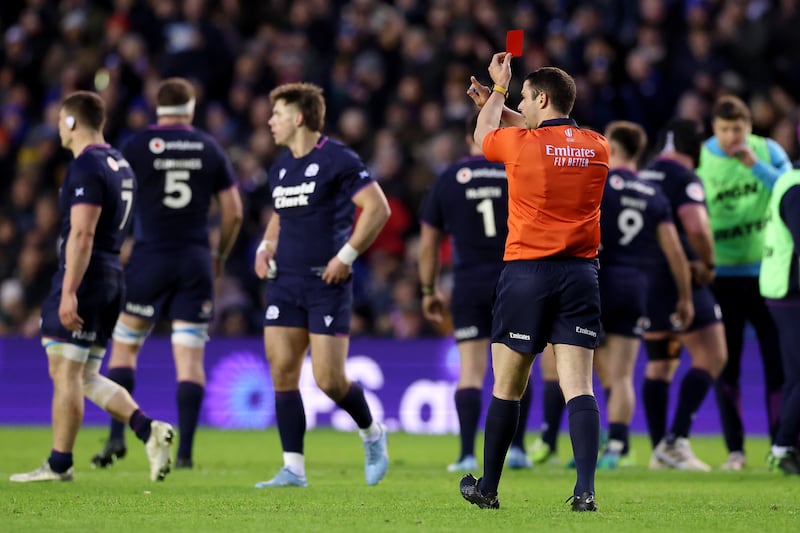 Referee Nika Amashukeli shows a red card to England's Henry Arundell (not pictured) during last Saturday's Six Nations match between England and Scotland at Twickenham. Photograph: David Rogers/Getty Images