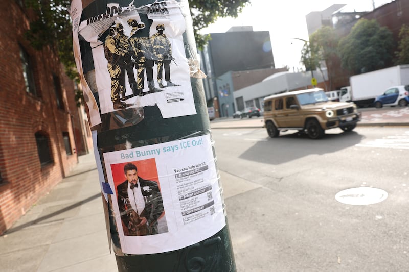 A "Bad Bunny says Ice Out" sign on a lamp post in San Francisco. Photograph: Patrick T Fallon/AFP via Getty Images