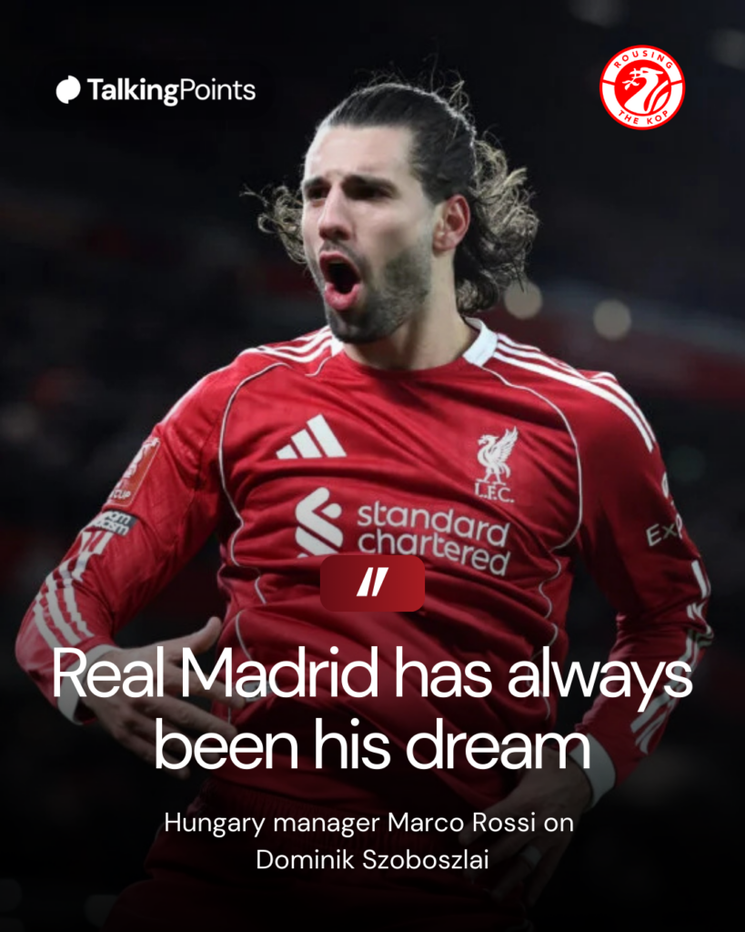 Dominik Szoboszlai celebrates in front of the Kop after scoring in Liverpool's FA Cup fourth round match against Brighton at Anfield (Credit: Getty Images/Charlotte Wilson/Offside).
