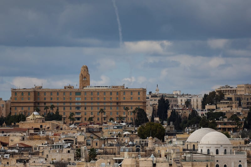 Rocket trail from Israel's Iron Dome missile defence system is seen over the skies of Jerusalem. Photograph: Ahmad Gharabli/AFP via Getty Images