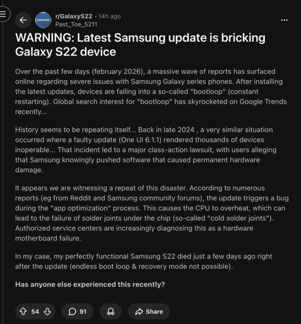 Reddit post depicts battery issues on S22.