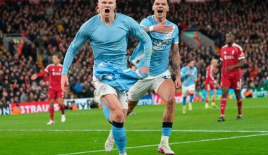 Late Erling Haaland penalty keeps Man City in title race as match ends in chaos against Liverpool at Anfield