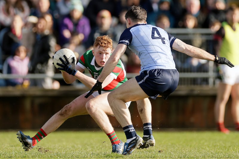 Mayo's Darragh Beirne comes up against Dublin's David Byrne. Photograph: Laszlo Geczo/Inpho