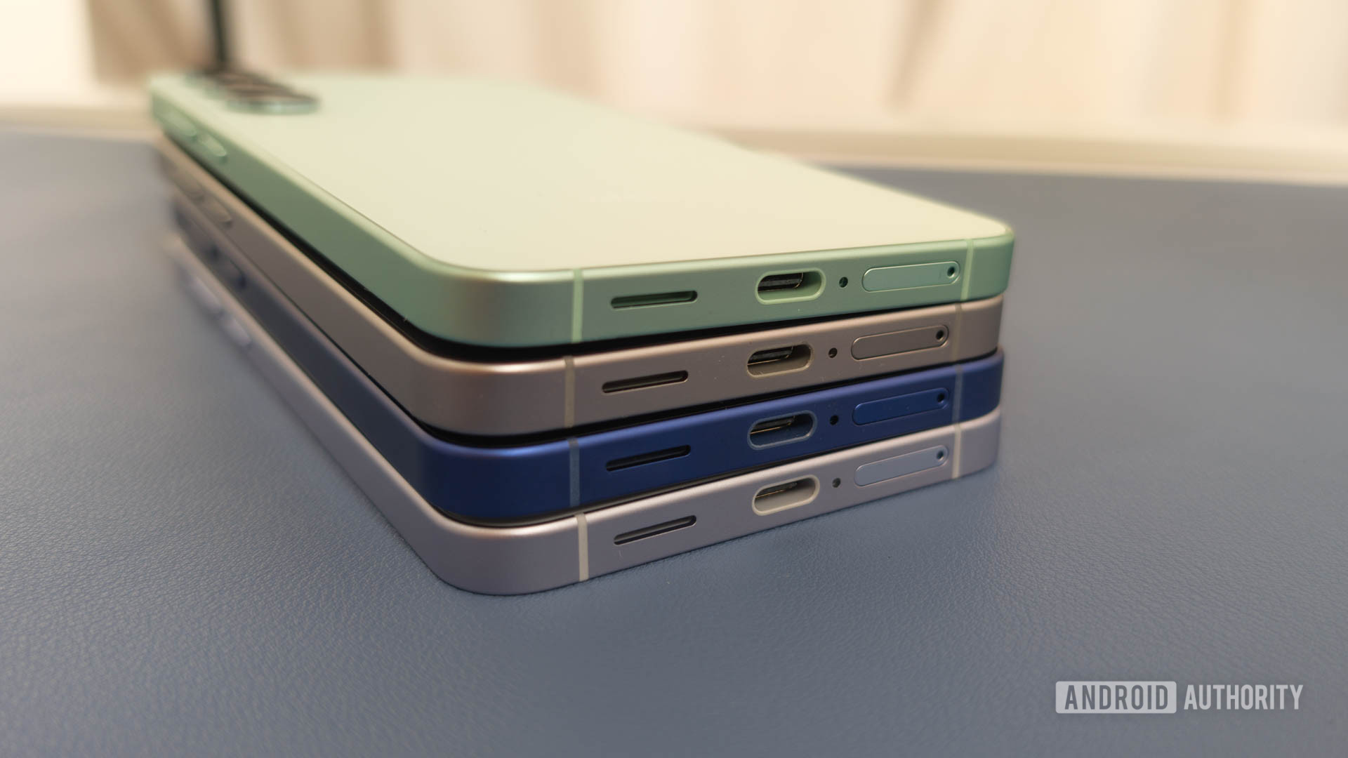 Samsung Galaxy S25 Plus stacked on top of each other showing all four colors Samsung Galaxy S25 Plus stacked on top of each other showing all four colors