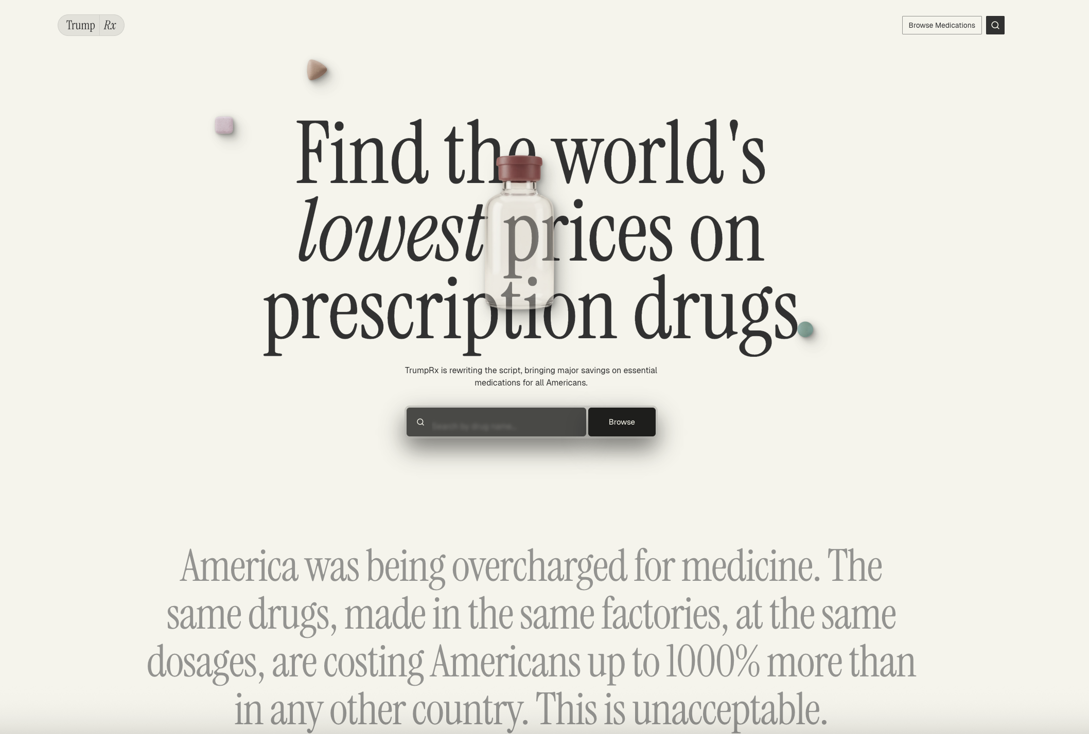 A screenshot showing the TrumpRx.gov prescription drug site's homepage. Trump said that 'dozens' of the 'most popular prescription drugs' will be available at deeply discounted prices.