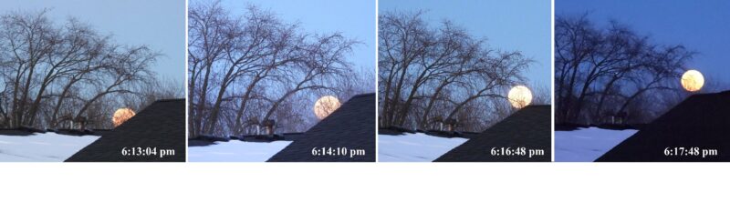 4 images of the moon showing it higher every time among bare trees. Snowy ground below.