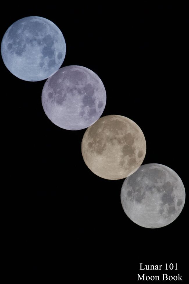 4 pale moons close together. One bluish, other purplish, other yellowish and other grayish.