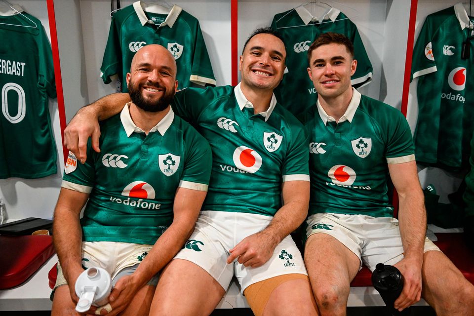 James Lowe (centre) with Jamison Gibson-Park and Jack Crowley after the win over England