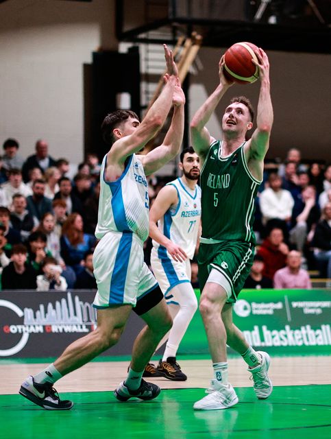 CJ Fulton of Ireland in action against Wesley van Beck of Azerbaijan during the Fiba EuroBasket 2029 pre-qualifier at the National Basketball Arena. Photo: Thomas Flinkow/Sportsfile