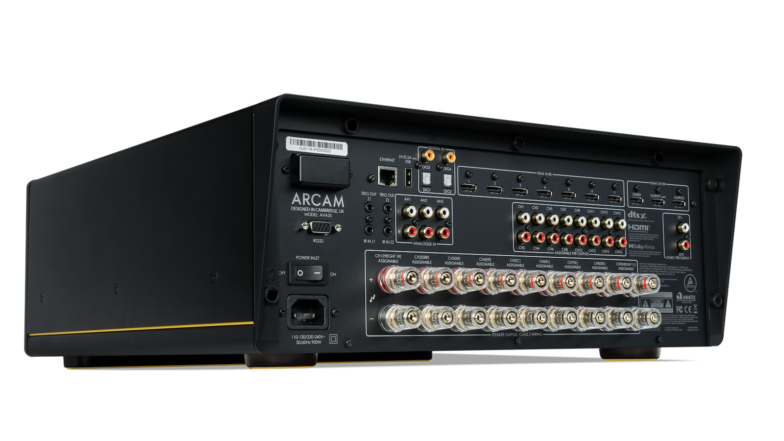 A picture of the rear of the Arcam AVA35 amplifier, showing the array of inputs and outputs.