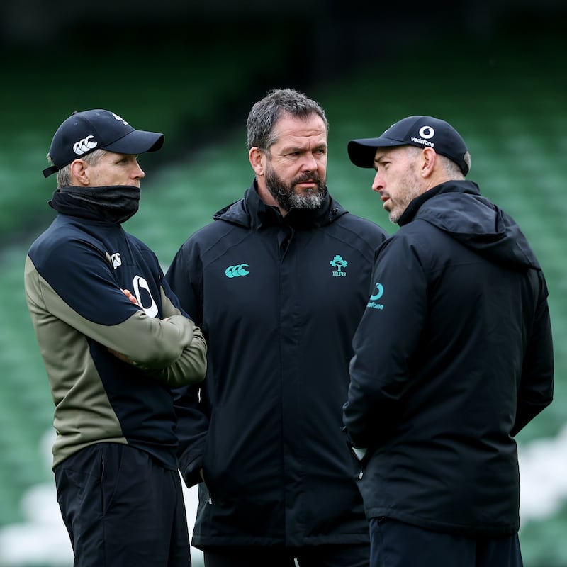 Ireland head coach Andy Farrell (centre) with assistant coaches Simon Easterby (left) and Andrew Goodman during Thursday's open training session at the Aviva Stadium. Photograph: Ben Brady/Inpho