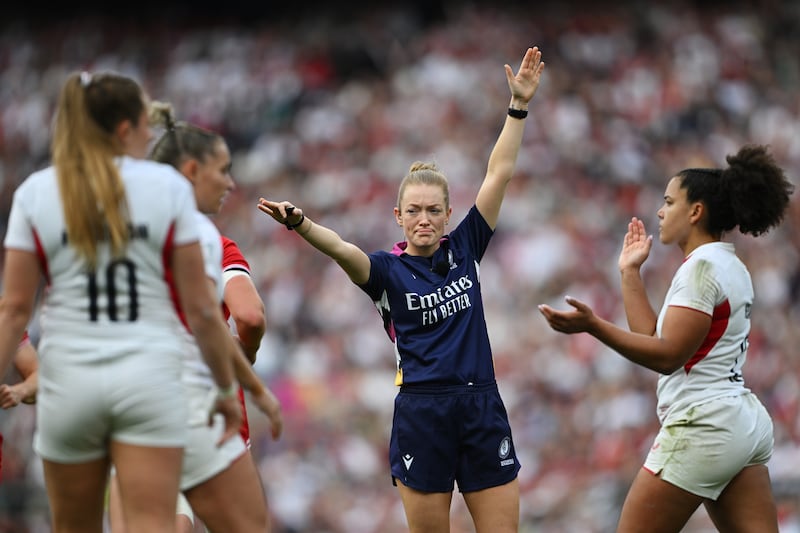 Hollie Davidson signals for a penalty to England during the Women's Rugby World Cup 2025 Final match between Canada and England at Allianz Stadium in 2025 in London. Photograph: Mike Hewitt/Getty Images