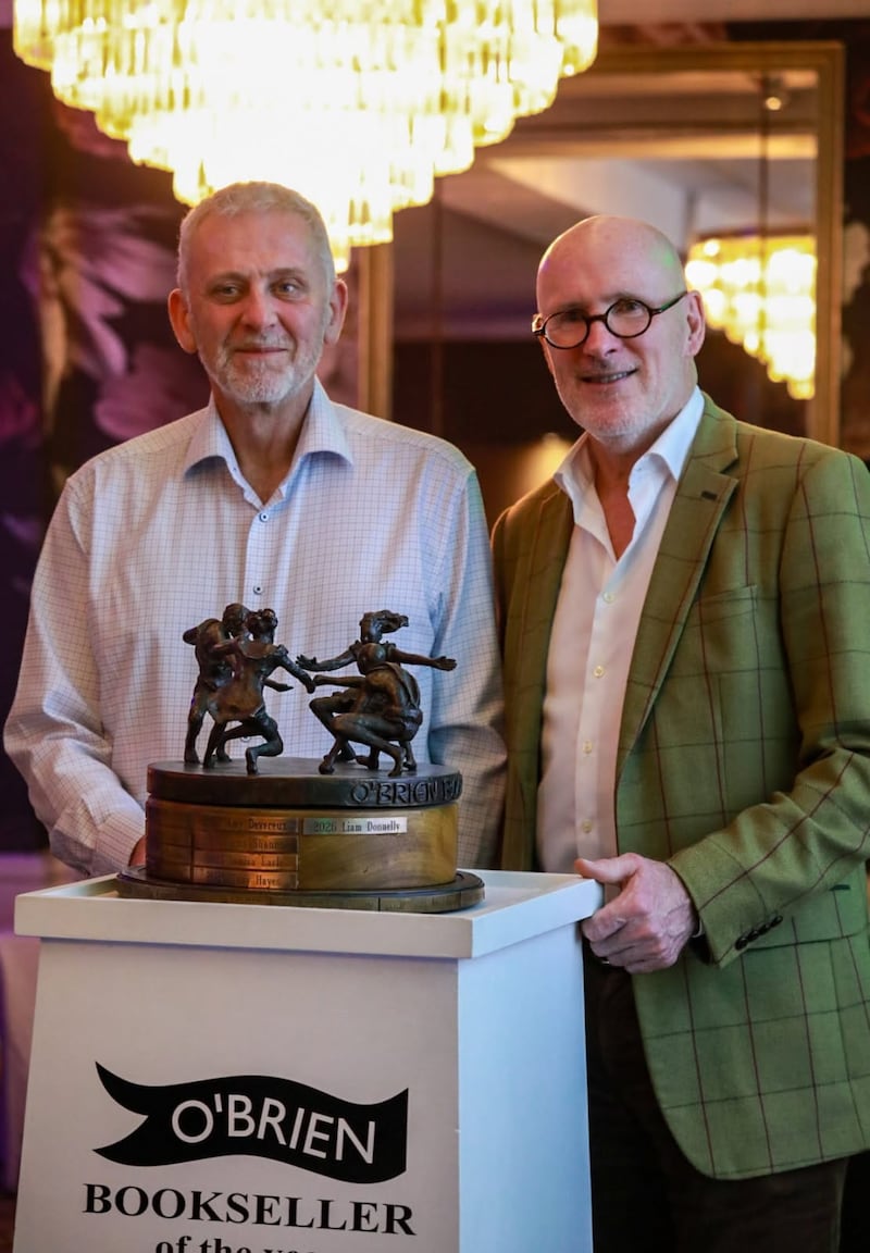 Liam Donnelly (retail manager) and Tony Hayes (bookstore manager) of Hodges Figgis Bookshop, Dawson St., Dublin, joint winners of The O’Brien Press Bookseller of the Year Award. Photograph: Aoife / Aidona Photography