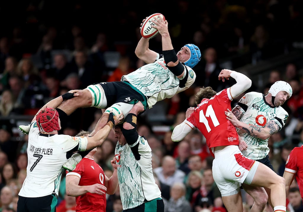 CARDIFF, WALES - FEBRUARY 22: Tadhg Beirne of Ireland jumps for the ball with Ellis Mee of Wales during the Guinness Six Nations 2025 match between Wales and Ireland at Principality Stadium on February 22, 2025 in Cardiff, Wales. (Photo by Dan Istitene/Getty Images)