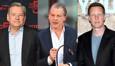 Ted Sarandos, Greg Peters and David Ellison