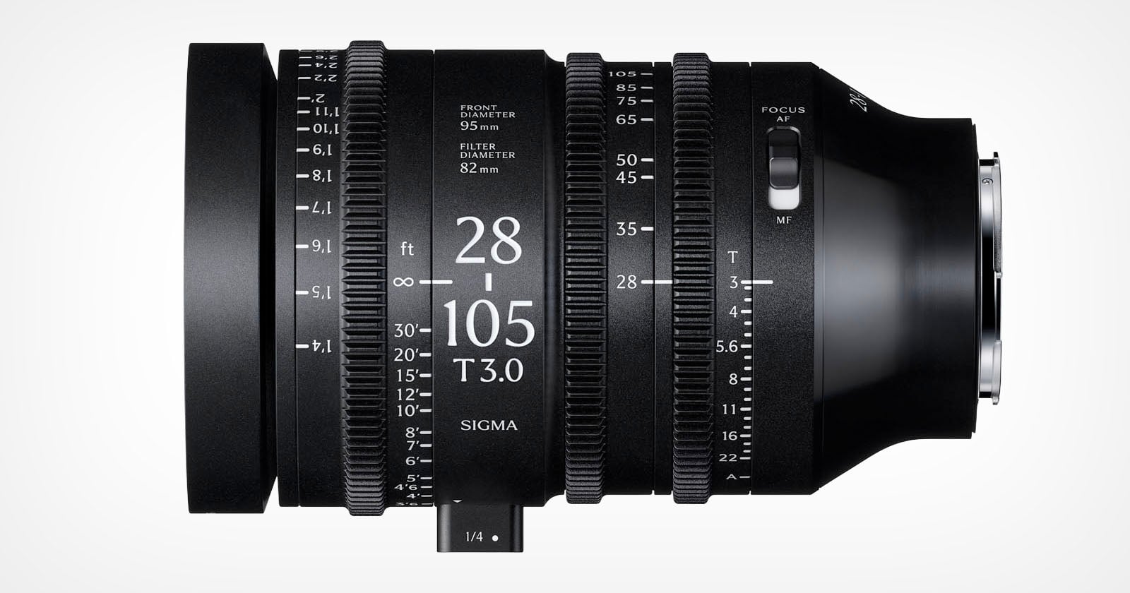 A black Sigma 28-105mm T3.0 cine zoom lens is shown from the side, displaying focus, zoom, and aperture rings with measurement markings, and a lever for adjusting settings.