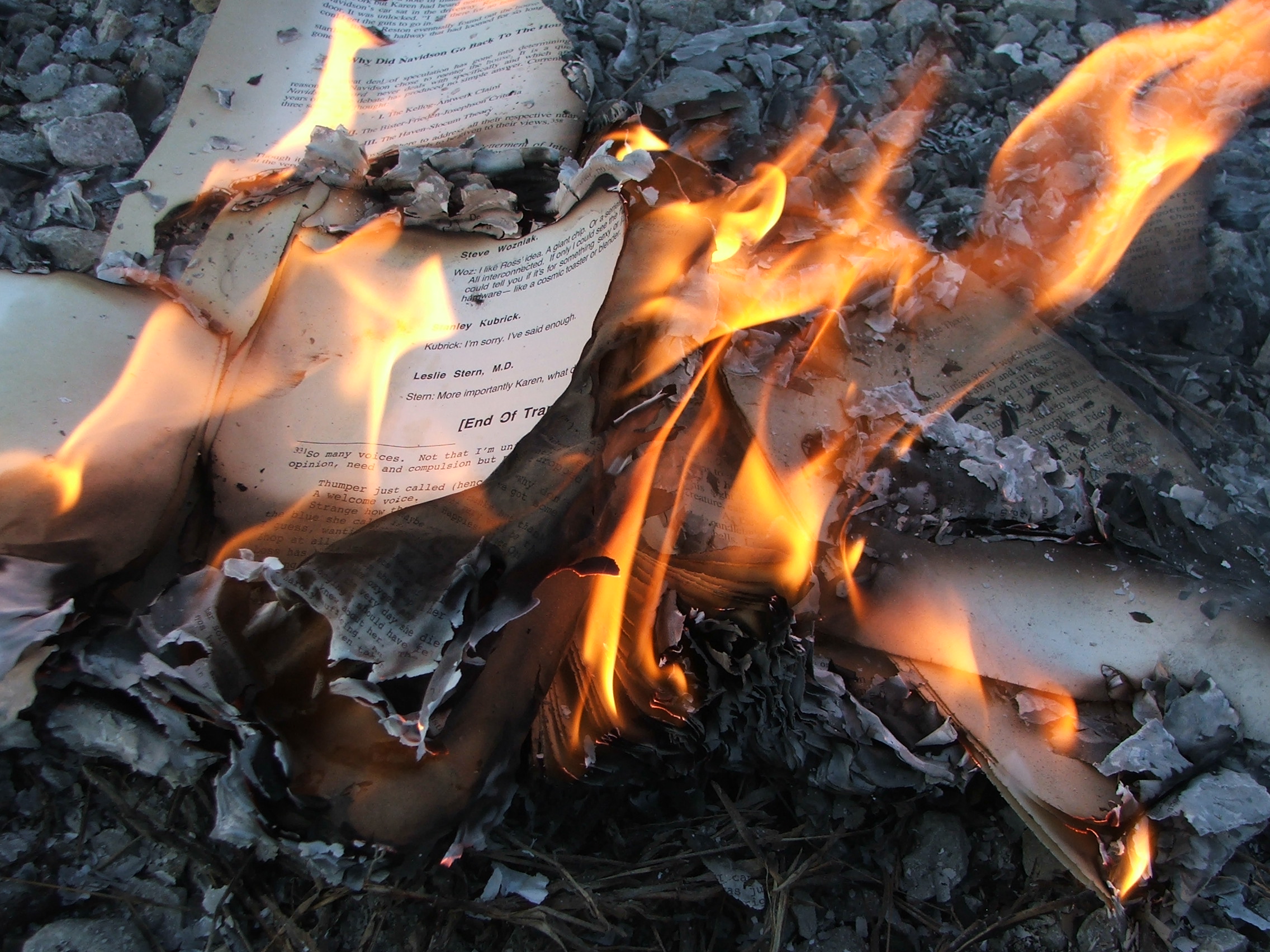Pages of a book partially burned with visible flames and ashes, as if touched by the mysteries of quantum entanglement, set on a ground covered in small rocks and debris.