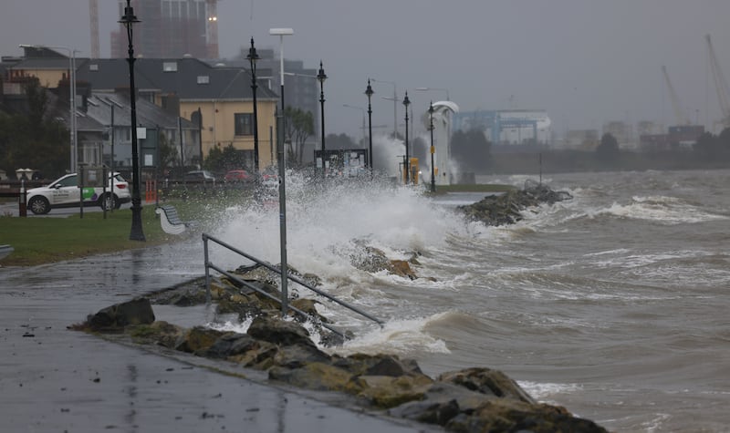 The scene at Sandymount Strand in south Co Dublin where barriers were erected and sandbags placed to combat the high tides. Photograph: Bryan O’Brien