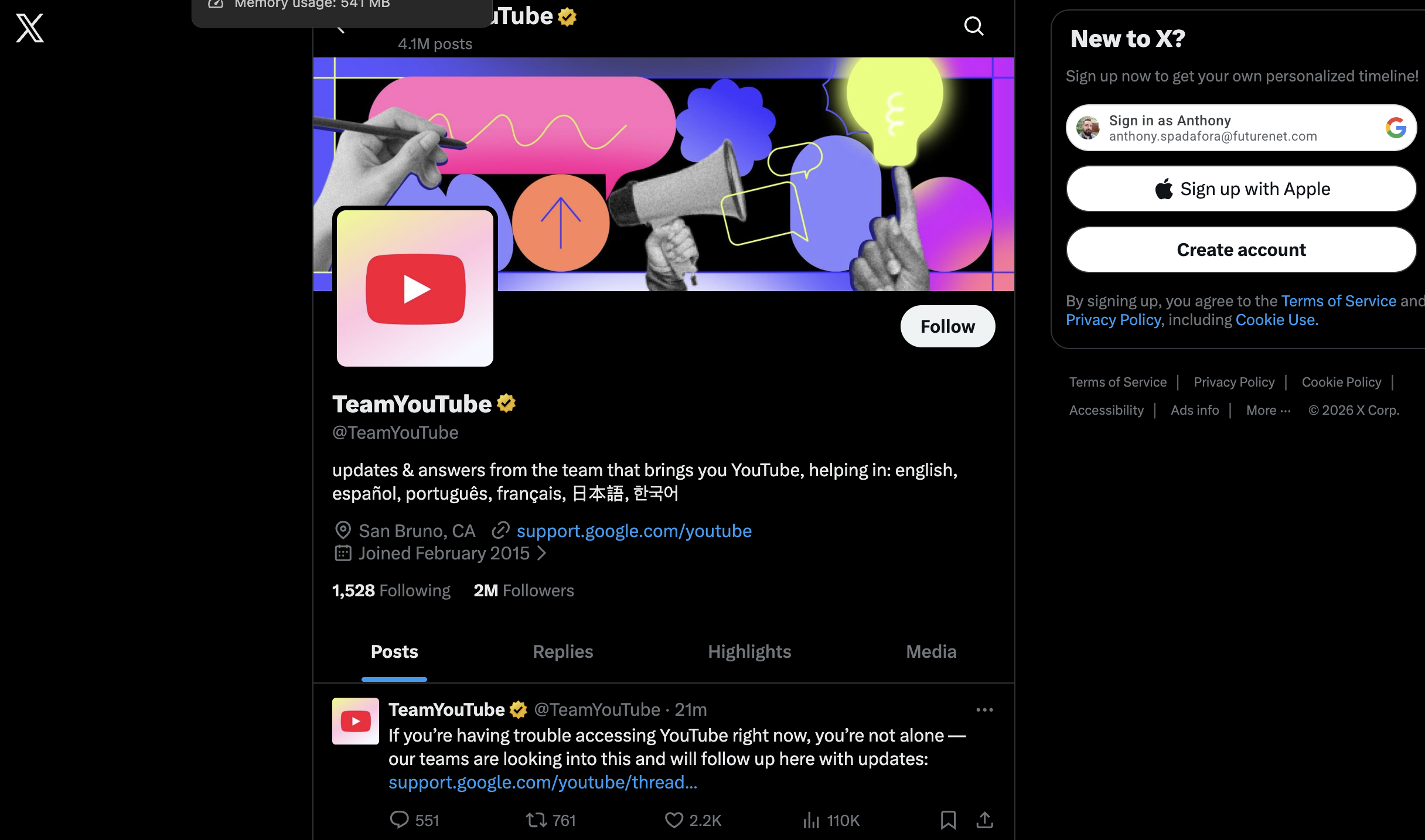 YouTube account noting the Feb 2026 outage