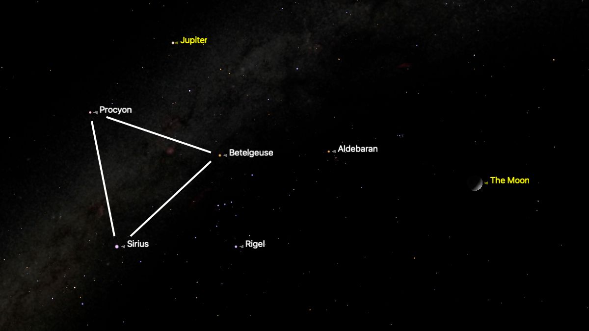 A simulation of the night sky for Feb. 22 showing the three stars of the Winter Triangle asterism — Procyon, Sirius and Betelgeuse — connected by a white line.