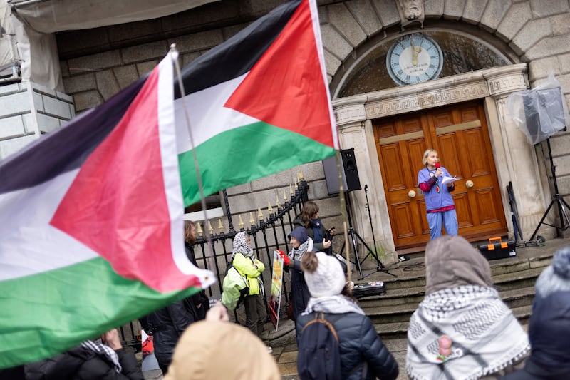 Dr Angela Skuse addresses the marchers in Dublin city centre. Photograph: Chris Maddaloni