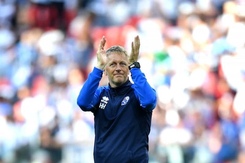 Heimir Hallgrímsson applauding Iceland fans at the 2018 World Cup, his country's first appearance at the tournament. Photograph: Dan Mullan/Getty Images
